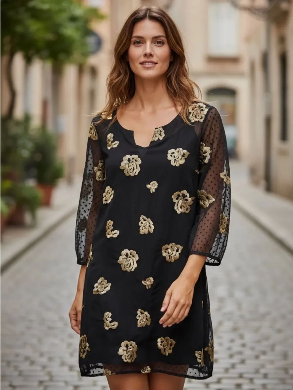 CAbi Style 3697 Occasion Dress in Swiss Dot Gold Embroidered Floral Dress Sz S